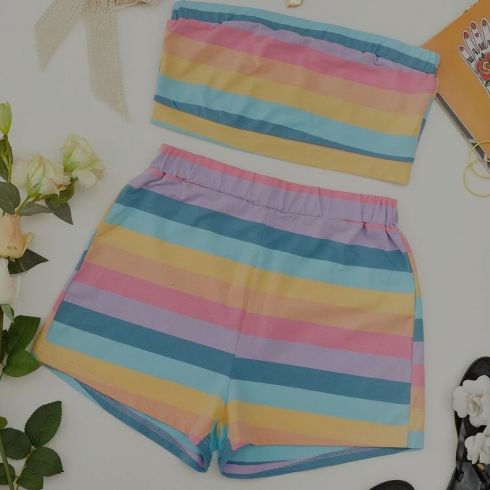 Rainbow striped tube top and shorts set